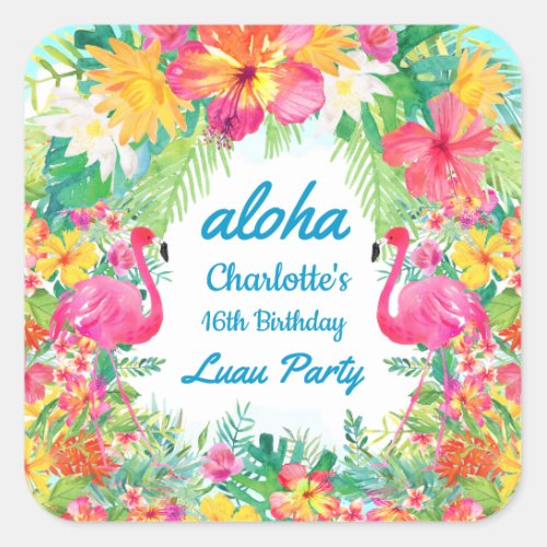Aloha Luau Tropical Flamingo Birthday Blue  Square Sticker