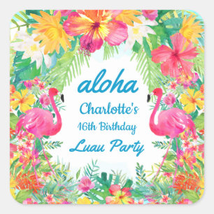 Aloha Luau Tropical Flamingo Birthday Blue Square Sticker