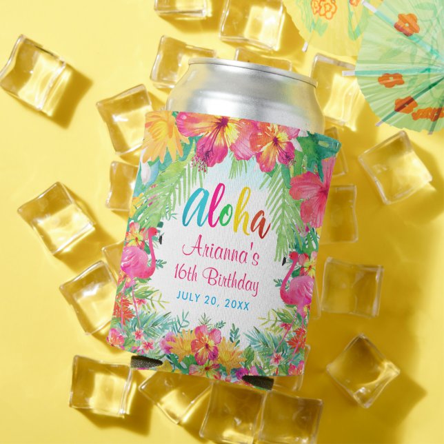 Aloha Luau Tropical Flamingo Birthday Can Cooler (In Situ Summer)