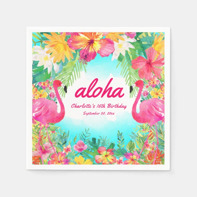 Aloha Luau Tropical Flamingo Birthday Party Paper Napkins (Front)