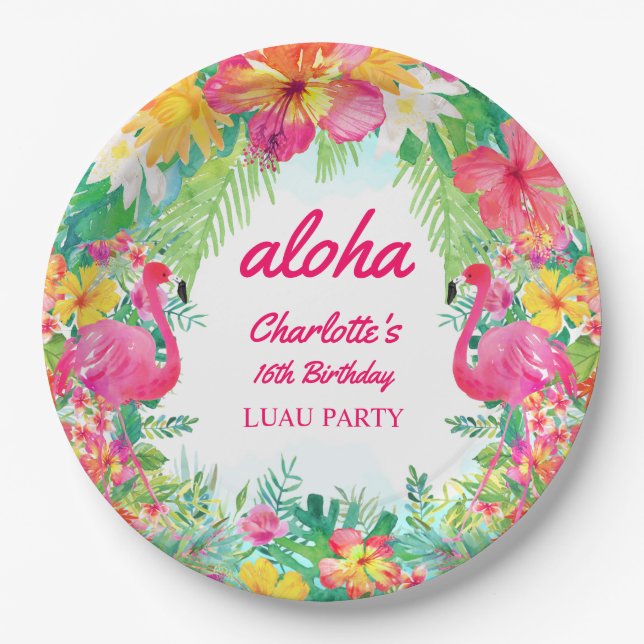 Aloha Luau Tropical Flamingo Birthday Party Paper Plates (Front)