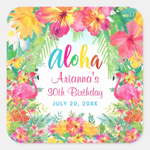 Aloha Luau Tropical Flamingo Birthday  Square Sticker