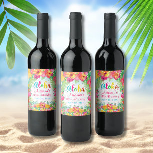 Aloha Luau Tropical Flamingo Birthday Wine Label
