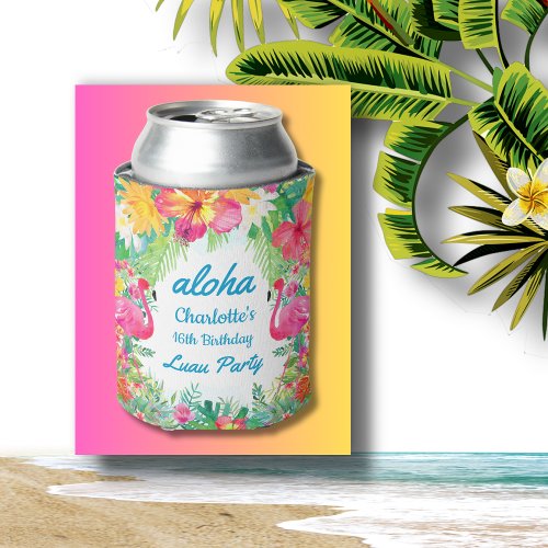 Aloha Luau Tropical Flamingo Floral Birthday Blue Can Cooler