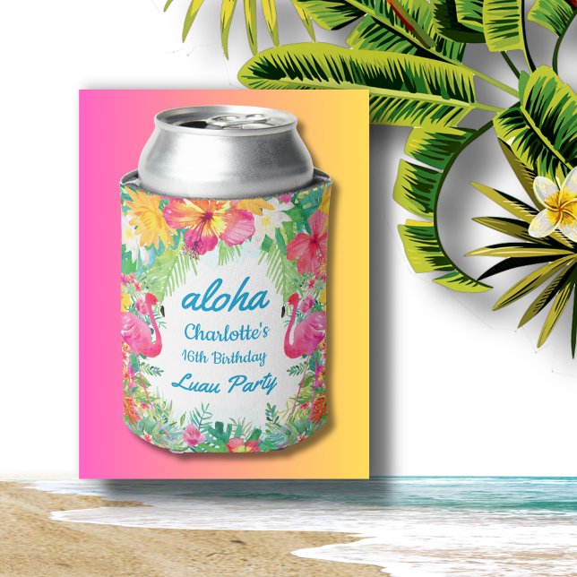 Aloha Luau Tropical Flamingo Floral Birthday Blue Can Cooler (Creator Uploaded)