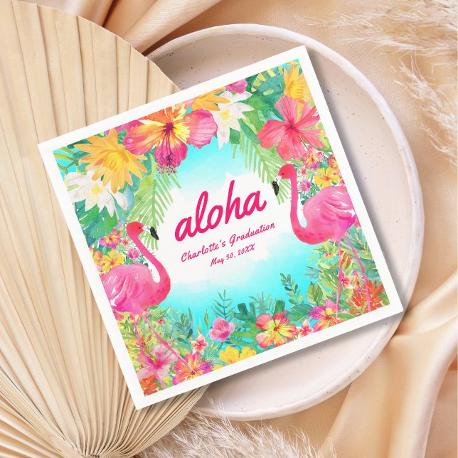 Aloha Luau Tropical Flamingo Graduation Paper Napkins (Creator Uploaded)