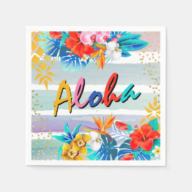 Aloha Luau Tropical Floral Glitter Party Napkins (Front)