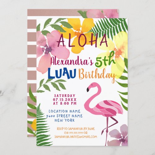 Aloha Luau Tropical Floral Pink Flamingo Birthday Invitation