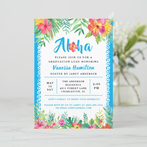 Aloha Luau Tropical Graduation Blue Invitation | Zazzle