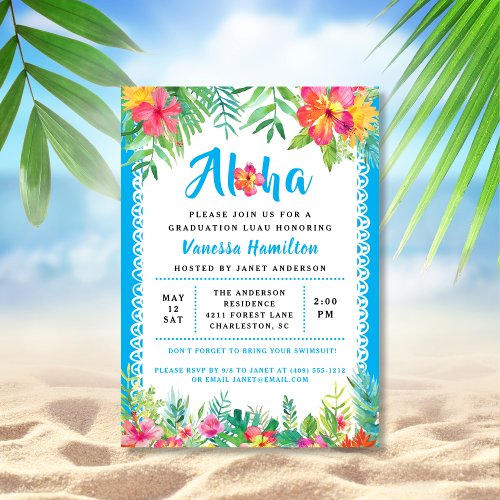 Aloha Luau Tropical Graduation Blue Invitation