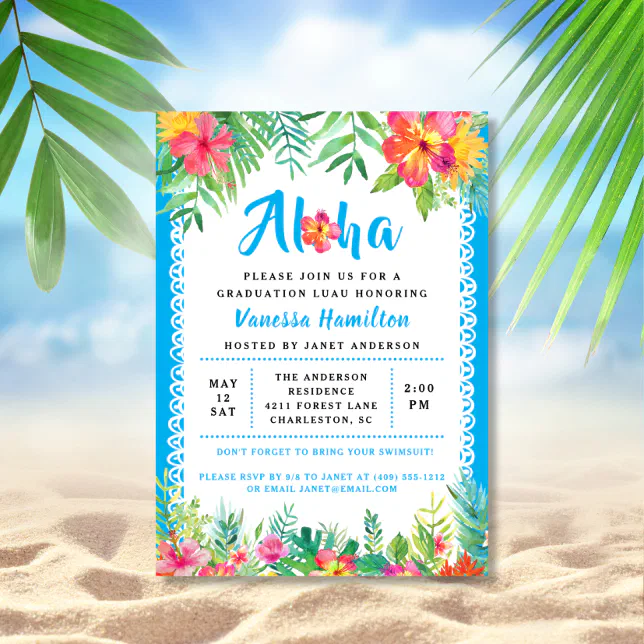 Aloha Luau Tropical Graduation Blue Invitation | Zazzle