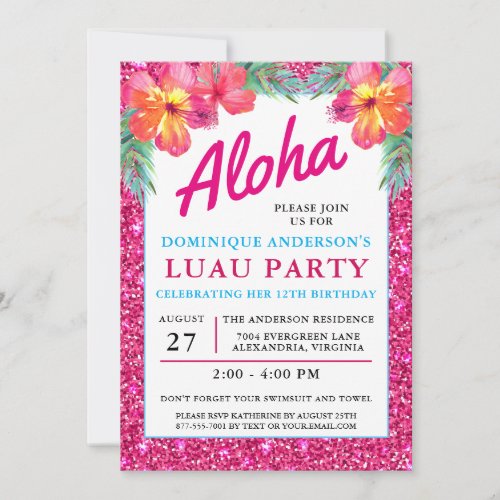 Aloha Luau Tropical Hawaiian Pink Glitter Invitation