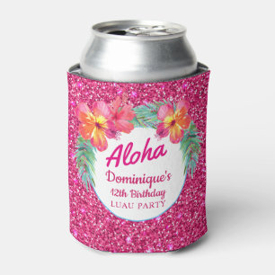 Aloha Luau Tropical Hibiscus Pink Glitter Party Can Cooler