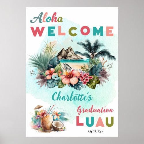 Aloha Luau Tropical Island Beach Graduation Party Poster