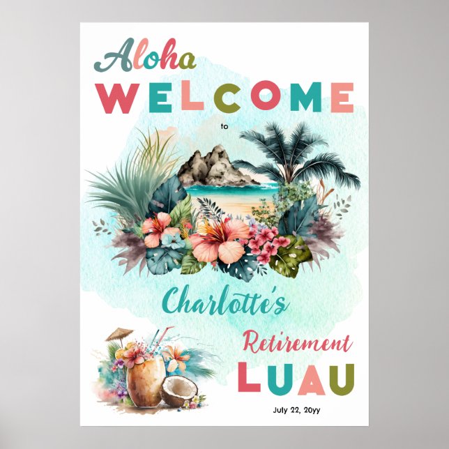 Aloha Luau Tropical Island Beach Retirement Party Poster (Front)