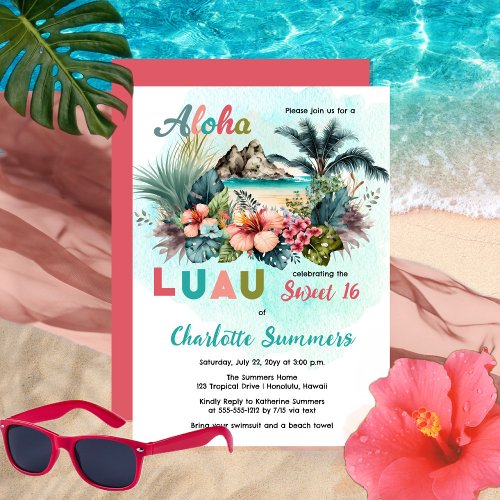 Aloha Luau Tropical Island Beach Sweet 16 Party Invitation
