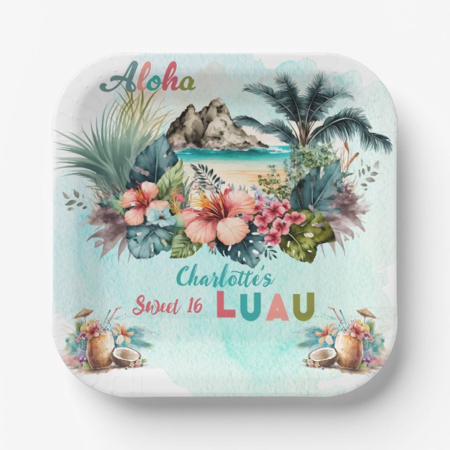 Aloha Luau Tropical Island Beach Sweet 16 Party Paper Plates (Front)