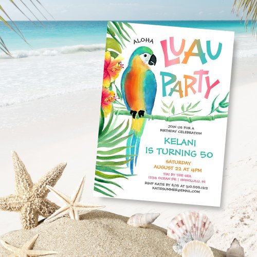 Aloha Luau Tropical Parrot Birthday Invitation