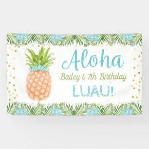 Aloha Luau Tropical Pineapple Blue Gold Birthday Banner