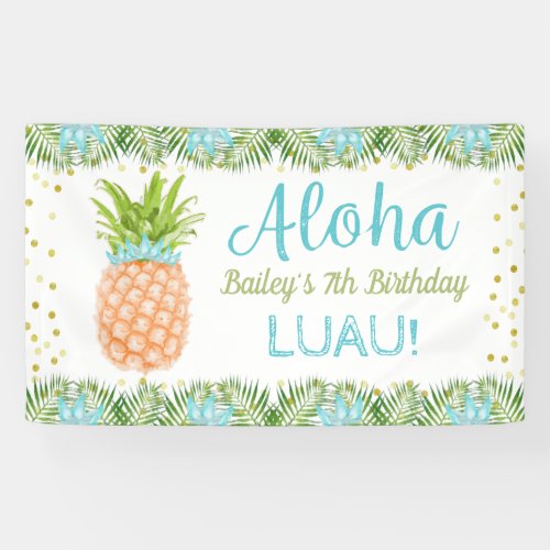 Aloha Luau Tropical Pineapple Blue Gold Birthday Banner