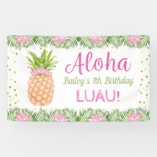 Aloha Luau Tropical Pineapple Pink Gold Birthday Banner
