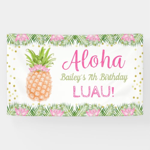 Aloha Luau Tropical Pineapple Pink Gold Birthday Banner