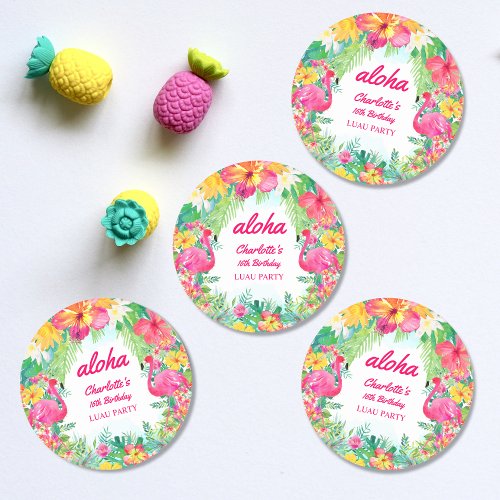 Aloha Luau Tropical Pink Flamingo Birthday Party  Classic Round Sticker