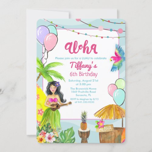 Aloha Luau Tropical Pool Party Birthday Invitation