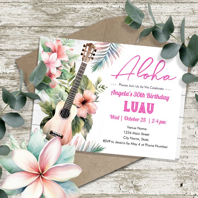 Aloha Luau ukulele Adult Birthday Invitation (Creator Uploaded)