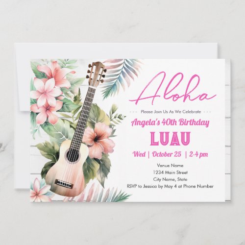 Aloha Luau ukulele Adult Birthday Invitation