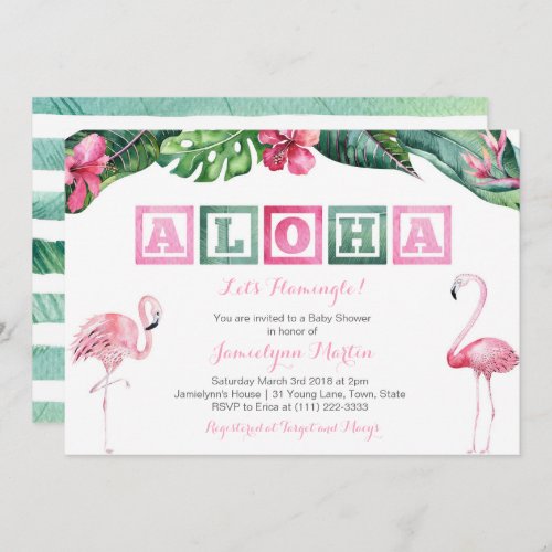 Aloha Lush Tropical Foliage Flamingos Baby Shower Invitation