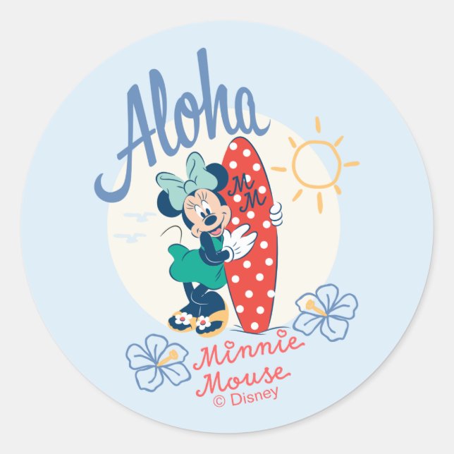 Aloha Minnie Mouse Surf Style Classic Round Sticker (Front)