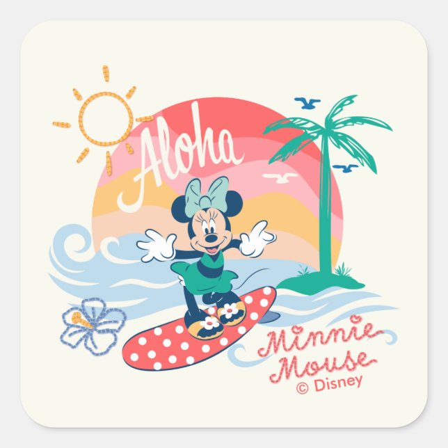 Aloha Minnie Mouse Tropical Surf Square Sticker (Front)