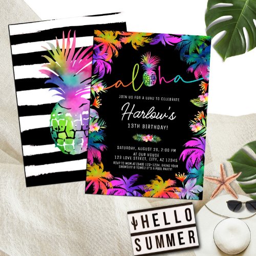 Aloha Neon Tropical Luau Summer Fun Birthday Invitation