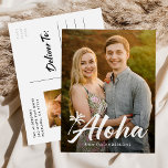 Aloha Palm Tree 2 Photo Holiday Postcard<br><div class="desc">Modern, tropical holiday postcard displaying your full-bleed vertical photo on the front with "Aloha" in a white hand-lettered script complimented by a hand-drawn palm tree. Personalize the front of the Aloha holiday postcard by adding your name. The postcard reverses to feature your return address, additional photo, and custom message. Designed...</div>
