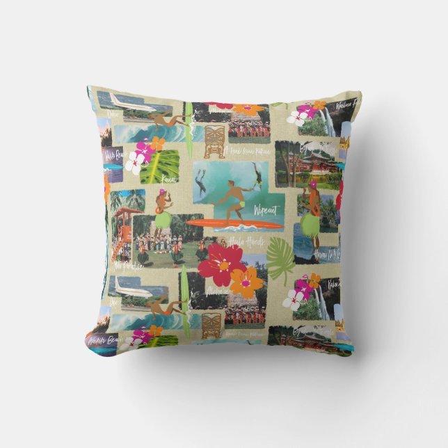 Aloha Paradise Hawaiian Vintage Postcard Outdoor Pillow (Front)
