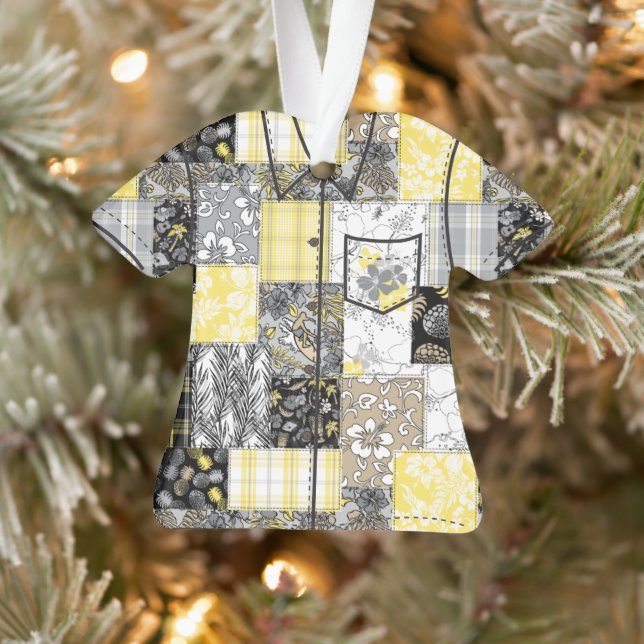 Aloha Patchwork Hawaiian Tropical Aloha Shirt-Gray Ornament (Tree)