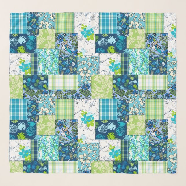 Aloha Patchwork Hawaiian Tropical Prints Blue Scarf (Front)