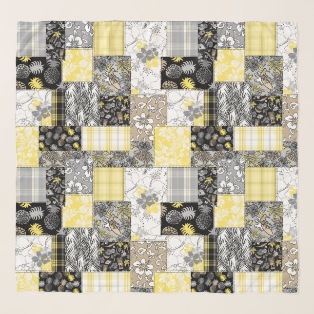 Aloha Patchwork Hawaiian Tropical Prints Gray Scarf (Front)