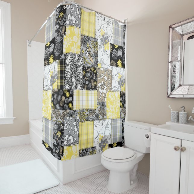 Aloha Patchwork Hawaiian Tropical Prints - Neutral Shower Curtain (In Situ)