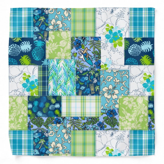 Aloha Patchwork Hawaiian Tropical Prints -Teal Bandana (Front)
