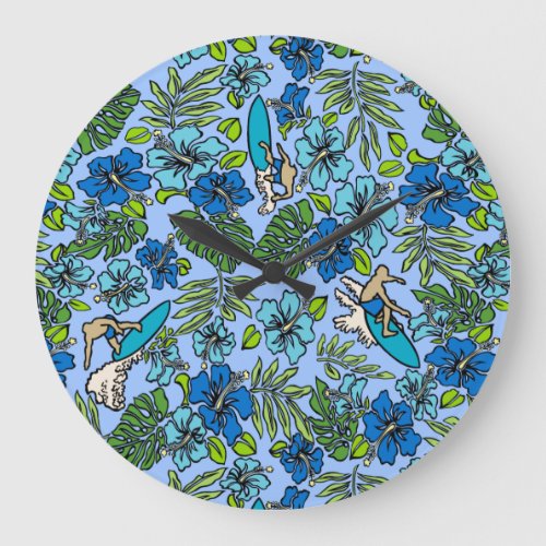 Aloha Patchwork Hawaiian Tropical Prints_ Teal Large Clock