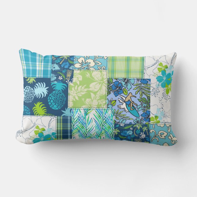 Aloha Patchwork Hawaiian Tropical Prints - Teal Lumbar Pillow (Front)