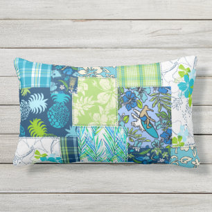 Aloha Patchwork Hawaiian Tropical Prints - Teal Lumbar Pillow