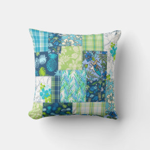 Aloha Patchwork Hawaiian Tropical Prints - Teal Outdoor Pillow