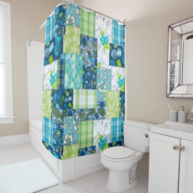 Aloha Patchwork Hawaiian Tropical Prints - Teal Shower Curtain (In Situ)