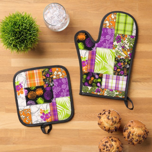 Aloha Patchwork Hawaiian Tropical Prints Violet Oven Mitt & Pot Holder Set (Top Down)