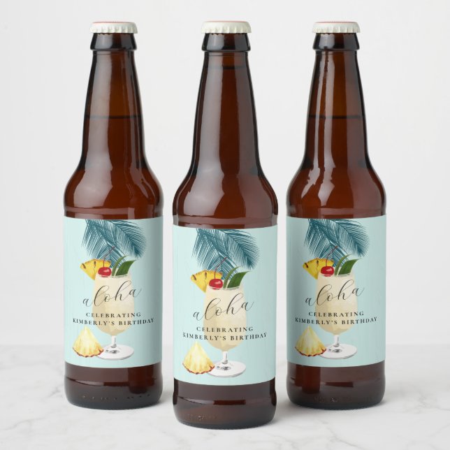 Aloha Pina Colada Green Cocktail Birthday Party  Beer Bottle Label (Bottles)