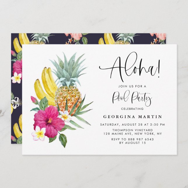 Aloha Pineapple and Hibiscus Tropical Pool Party Invitation (Front/Back)