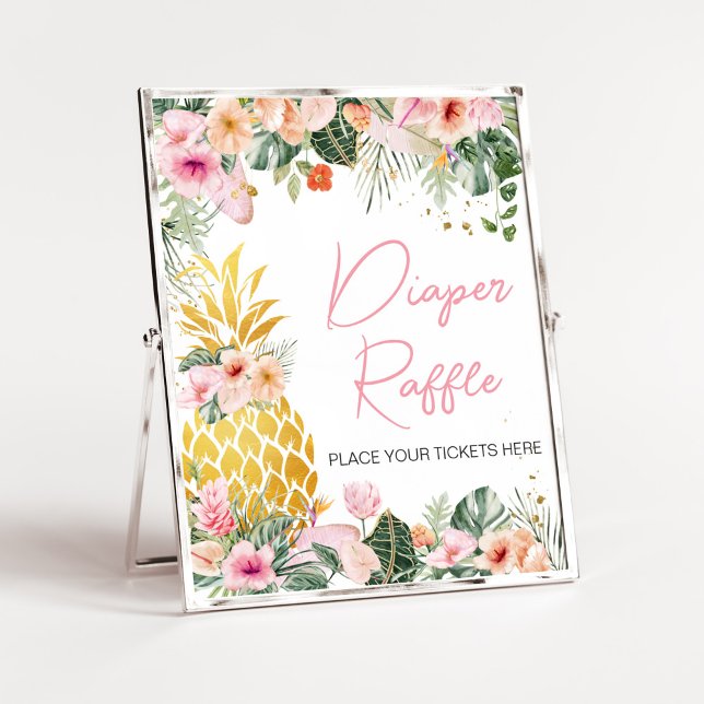 Aloha Pineapple Baby Shower Diaper Raffle Poster (Floral Aloha Baby Shower Diaper Raffle Sign)
